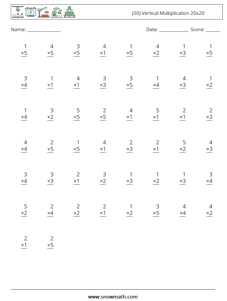 (50) Vertical Multiplication 20x20 Maths Worksheets 1