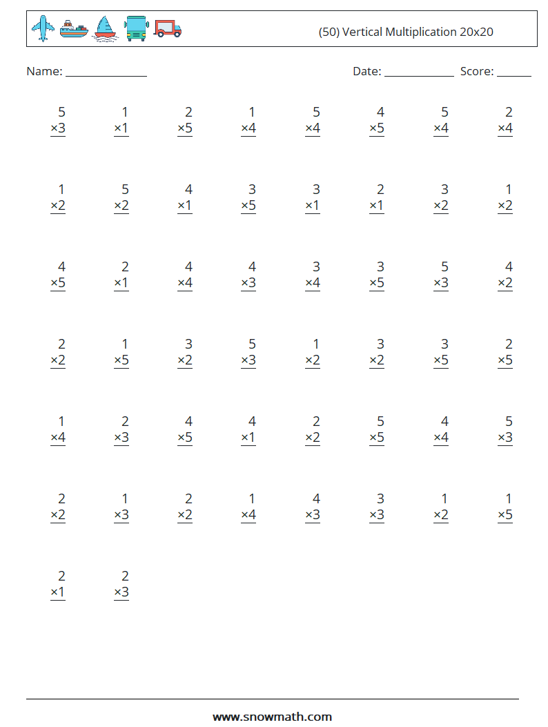 (50) Vertical Multiplication 20x20 Math Worksheets 10