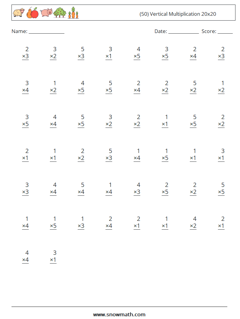 (50) Vertical Multiplication 20x20 Maths Worksheets 12