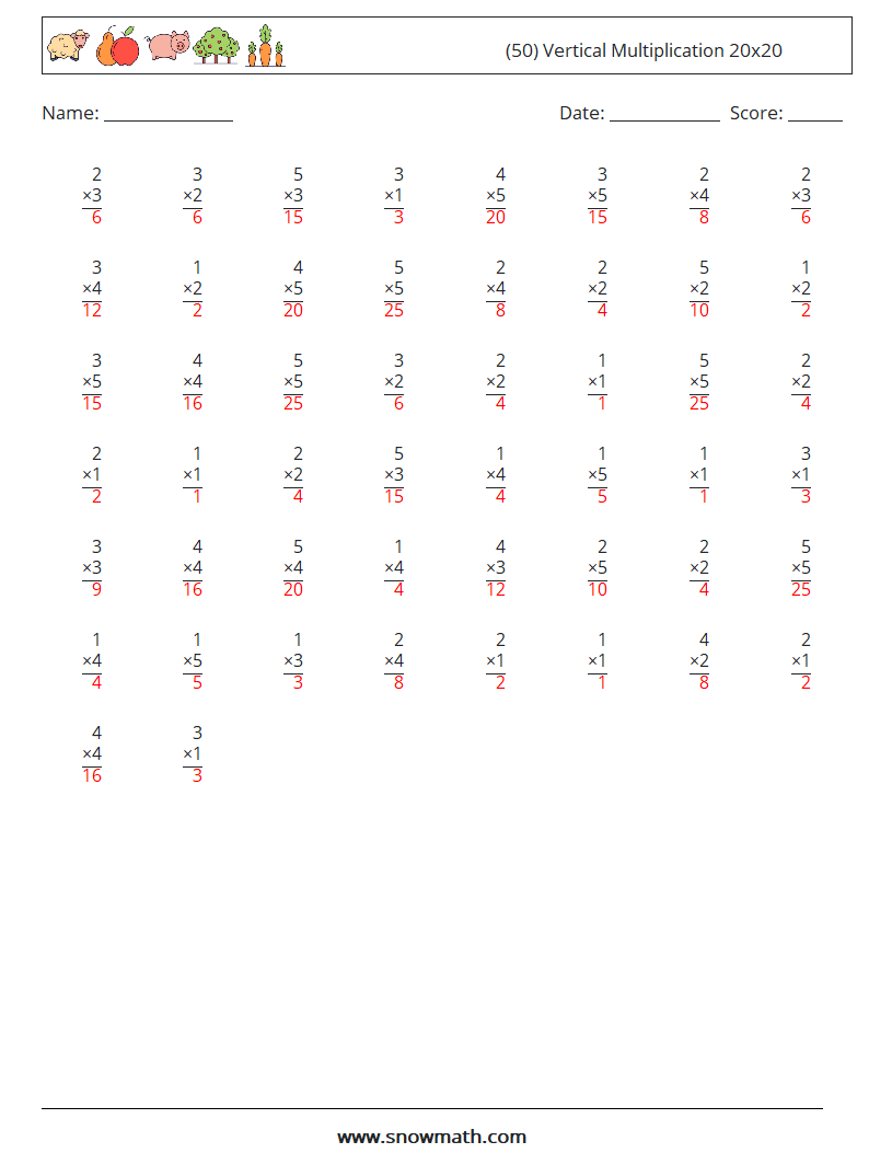 (50) Vertical Multiplication 20x20 Math Worksheets 12 Question, Answer