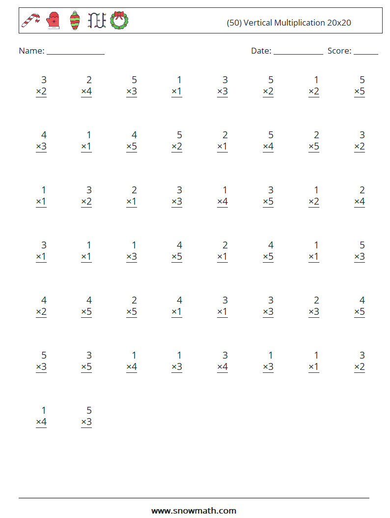 (50) Vertical Multiplication 20x20 Maths Worksheets 13