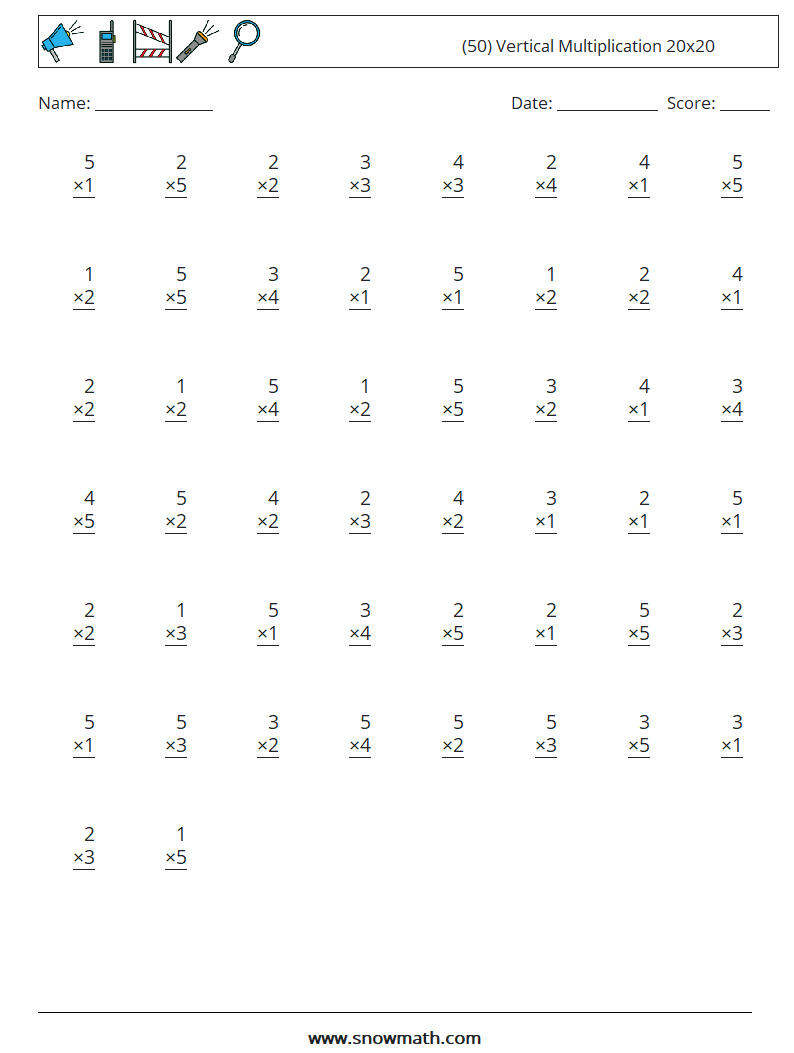 (50) Vertical Multiplication 20x20 Math Worksheets 16