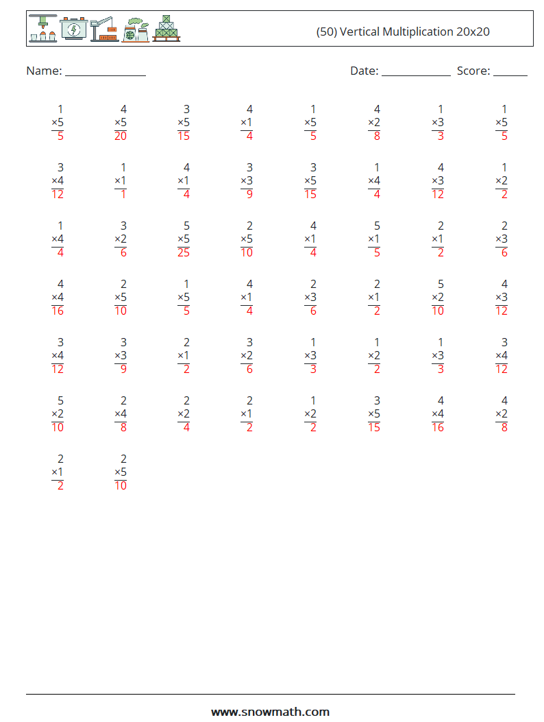 (50) Vertical Multiplication 20x20 Math Worksheets 1 Question, Answer