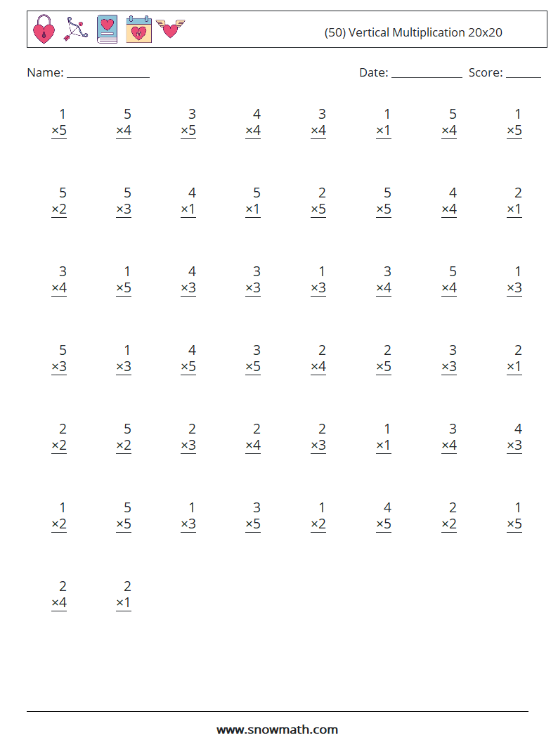 (50) Vertical Multiplication 20x20 Maths Worksheets 2