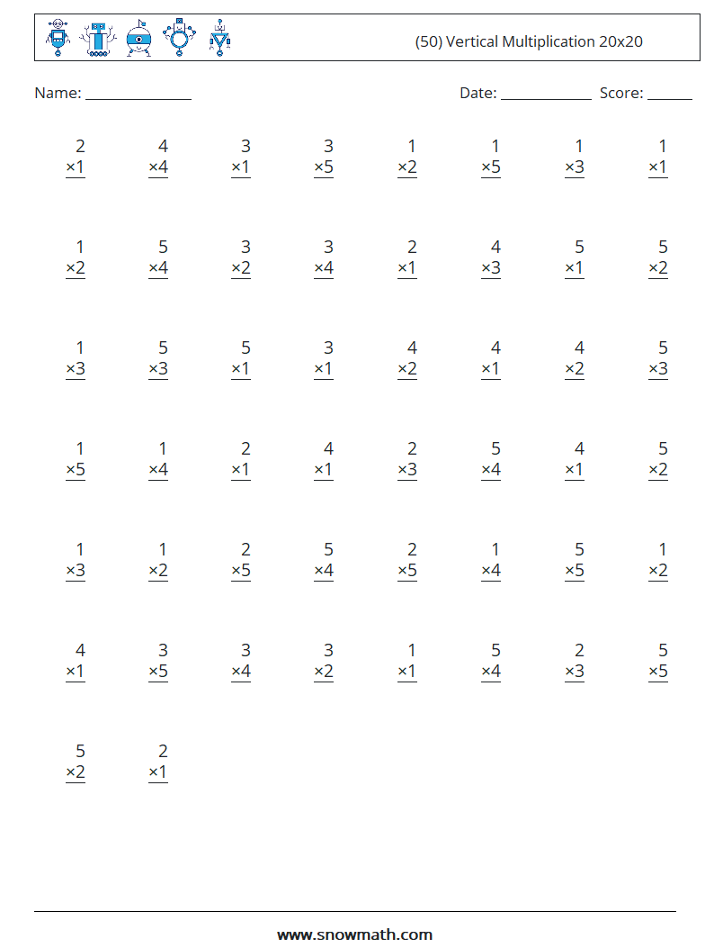 (50) Vertical Multiplication 20x20 Math Worksheets 5