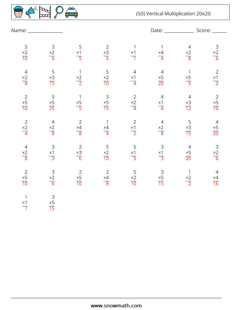 (50) Vertical Multiplication 20x20 Math Worksheets 6 Question, Answer