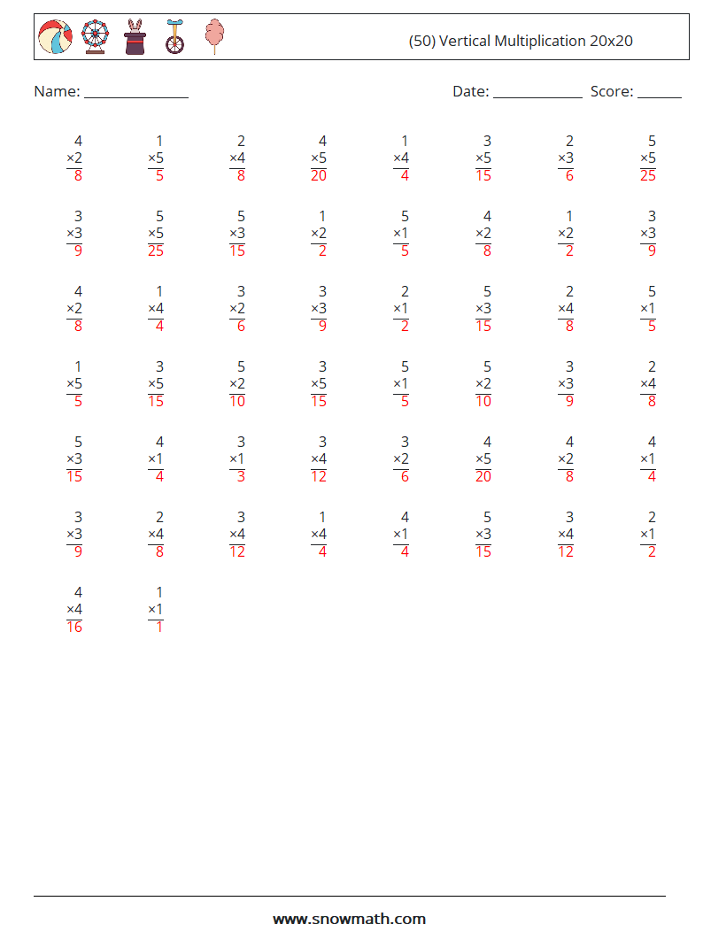 (50) Vertical Multiplication 20x20 Math Worksheets 7 Question, Answer