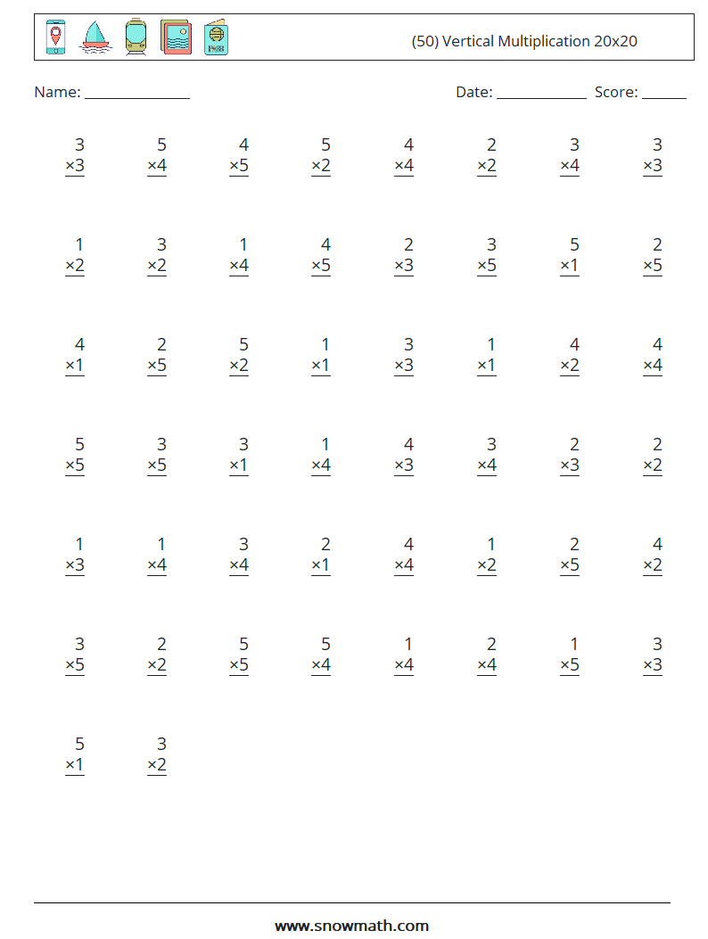 (50) Vertical Multiplication 20x20 Math Worksheets 9