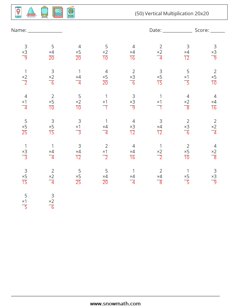 (50) Vertical Multiplication 20x20 Math Worksheets 9 Question, Answer