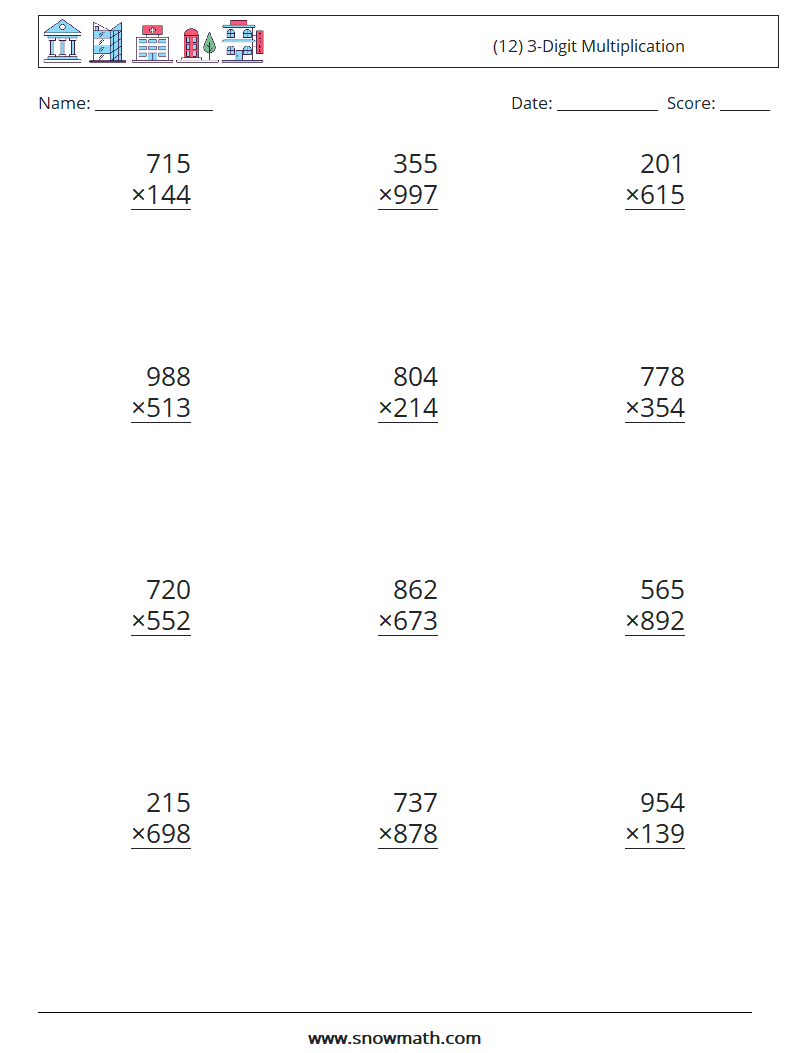 (12) 3-Digit Multiplication Math Worksheets 1