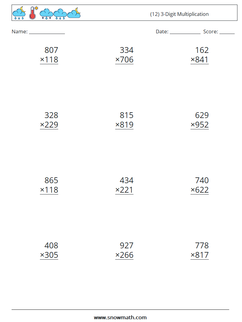 (12) 3-Digit Multiplication Math Worksheets 10