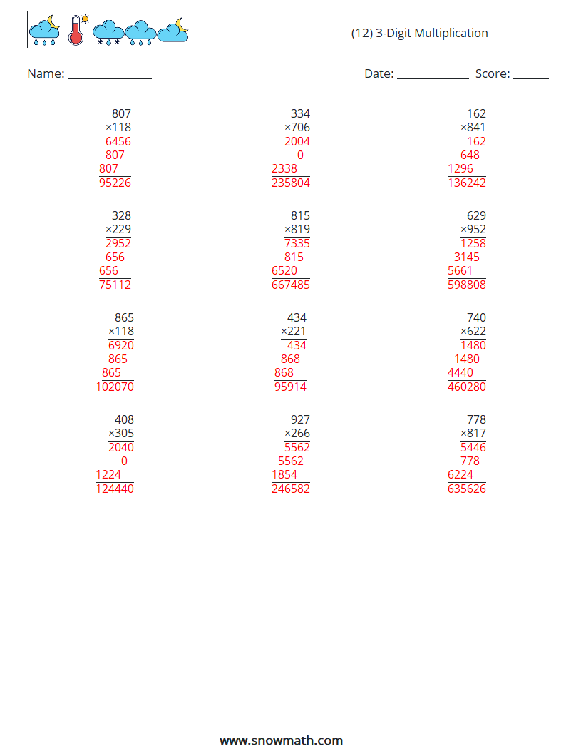 (12) 3-Digit Multiplication Math Worksheets 10 Question, Answer