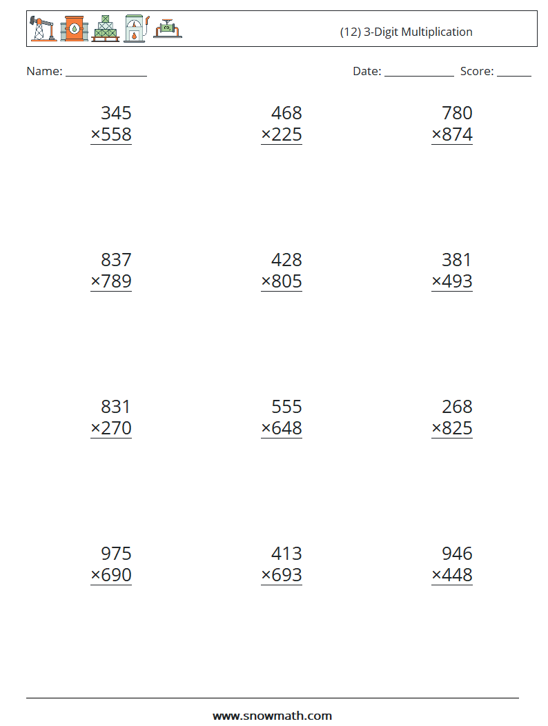 (12) 3-Digit Multiplication Math Worksheets 11