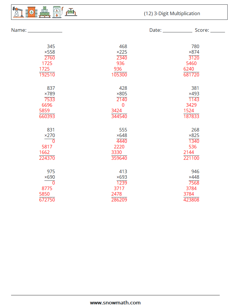 (12) 3-Digit Multiplication Math Worksheets 11 Question, Answer