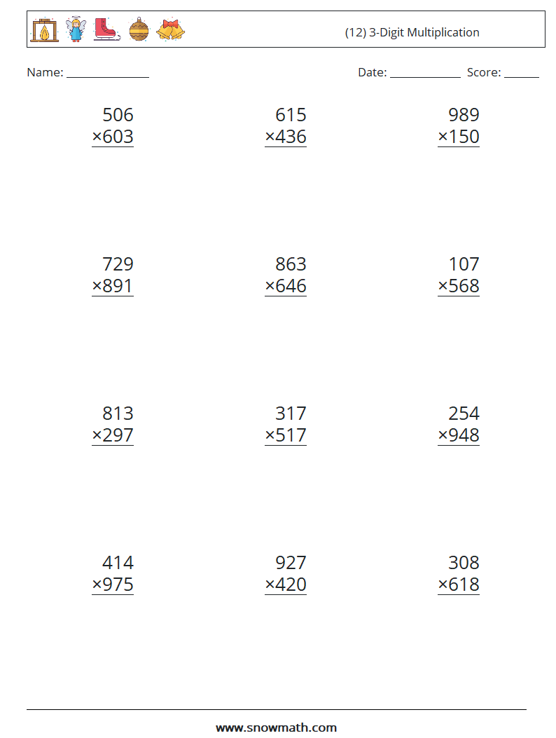 (12) 3-Digit Multiplication Math Worksheets 12