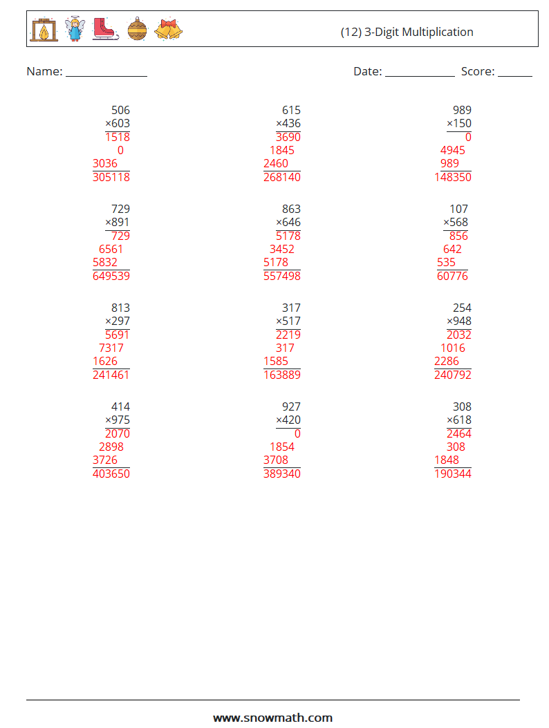 (12) 3-Digit Multiplication Math Worksheets 12 Question, Answer