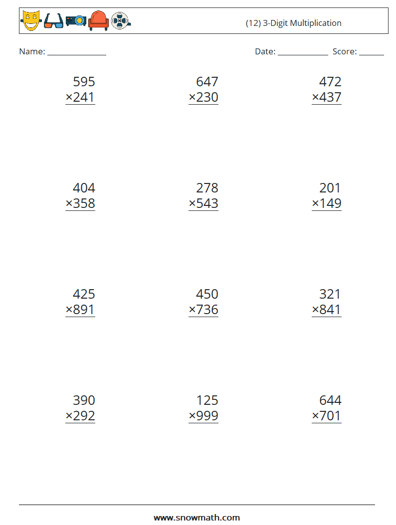 (12) 3-Digit Multiplication Maths Worksheets 13