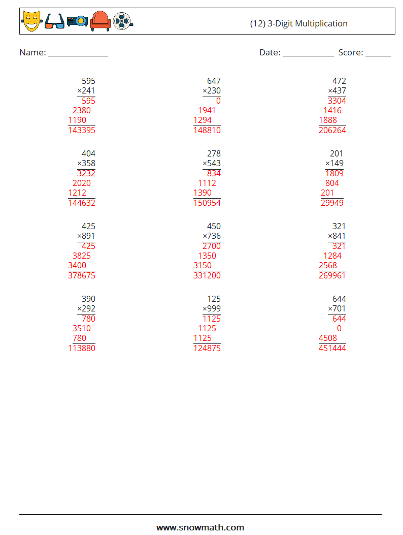 (12) 3-Digit Multiplication Math Worksheets 13 Question, Answer