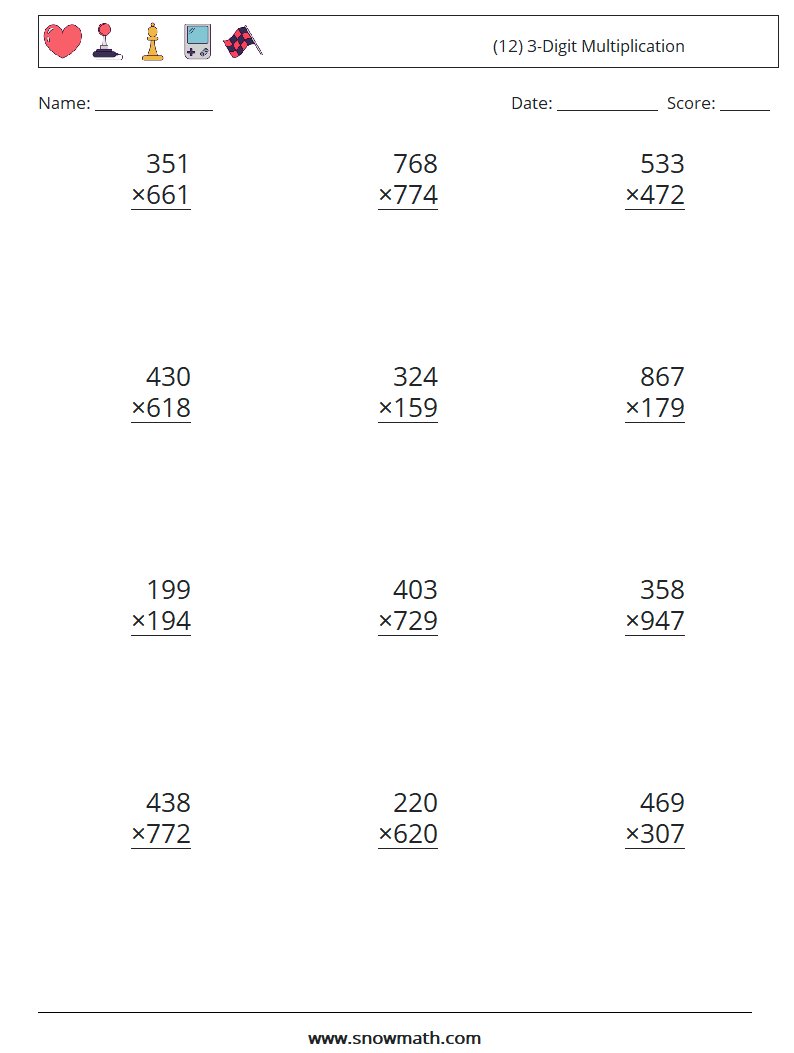 (12) 3-Digit Multiplication Math Worksheets 14
