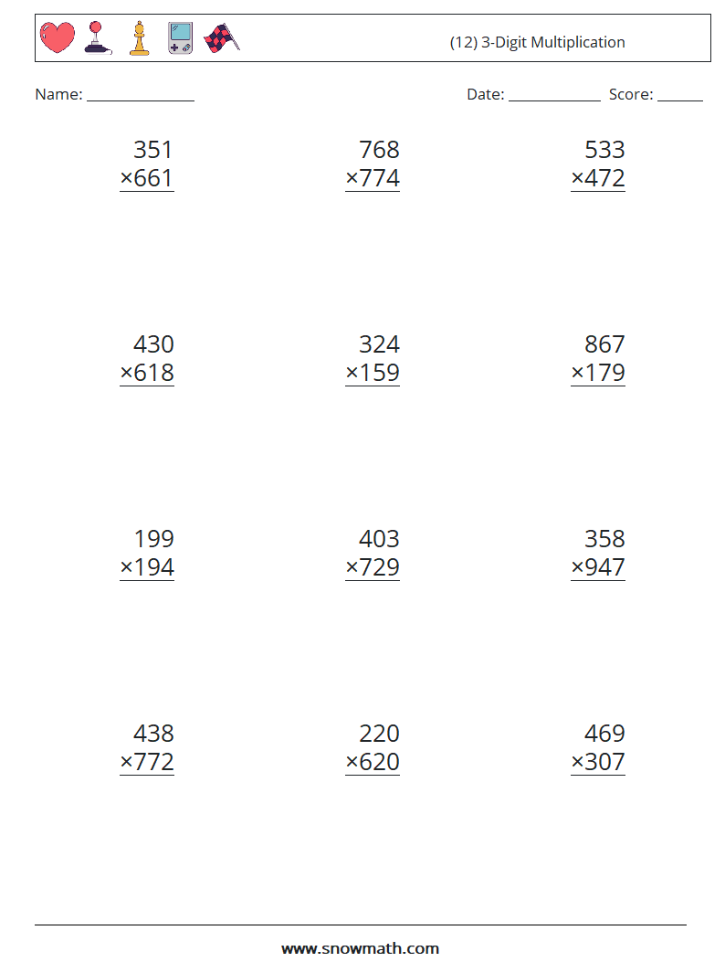 (12) 3-Digit Multiplication Maths Worksheets 14