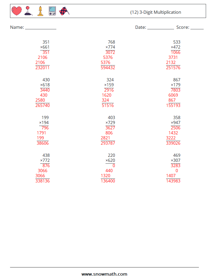 (12) 3-Digit Multiplication Math Worksheets 14 Question, Answer