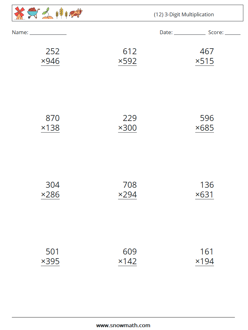 (12) 3-Digit Multiplication Math Worksheets 15