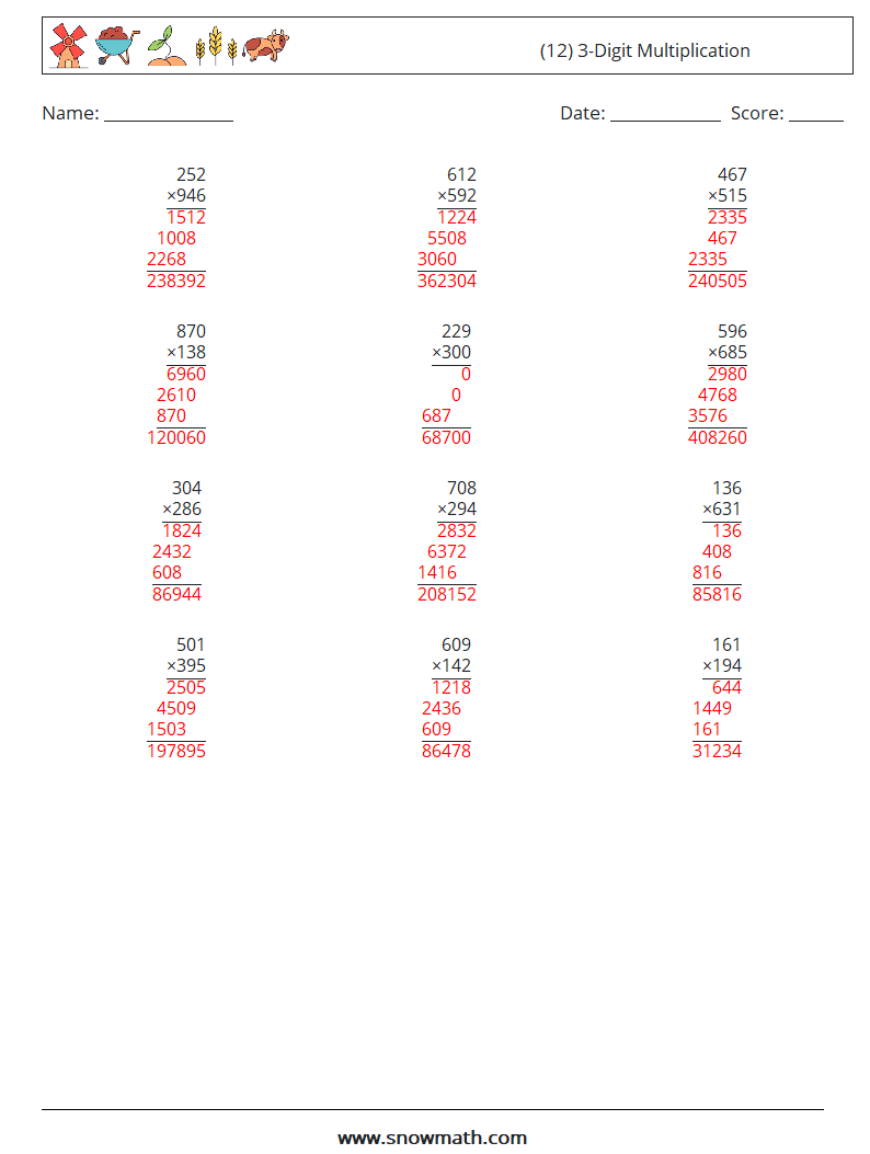 (12) 3-Digit Multiplication Math Worksheets 15 Question, Answer