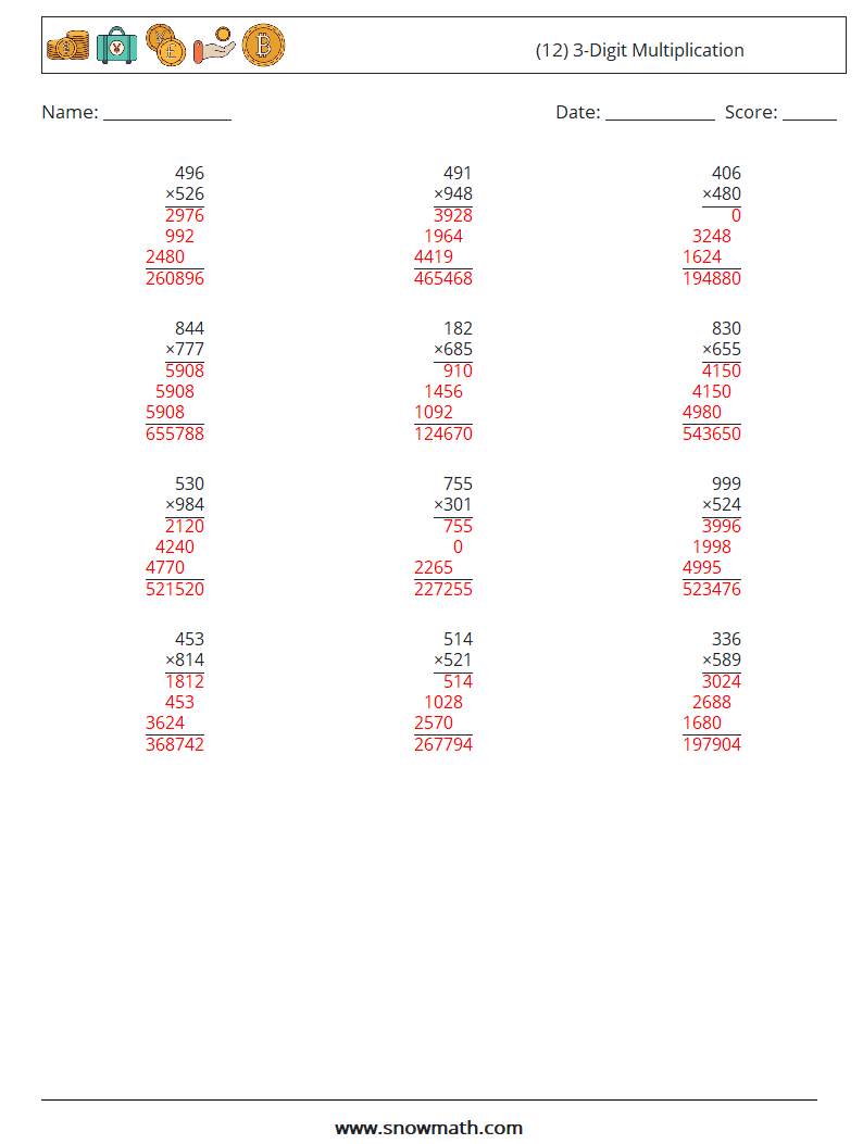 (12) 3-Digit Multiplication Math Worksheets 16 Question, Answer