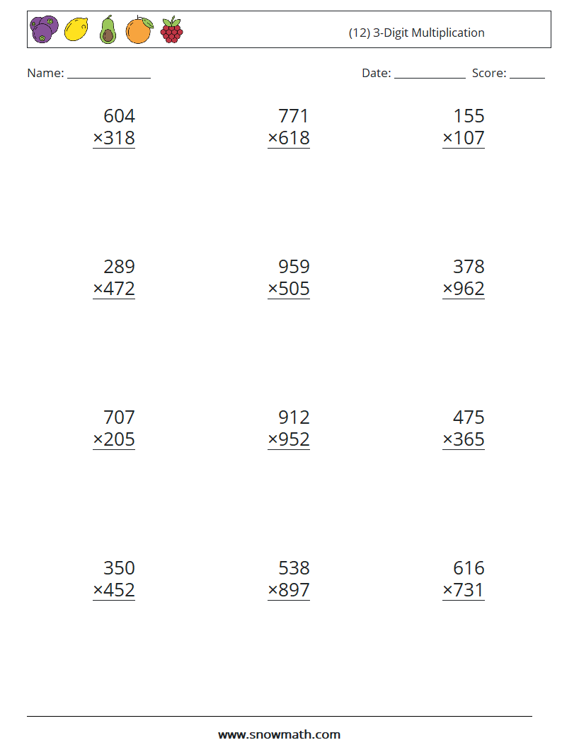 (12) 3-Digit Multiplication Math Worksheets 17