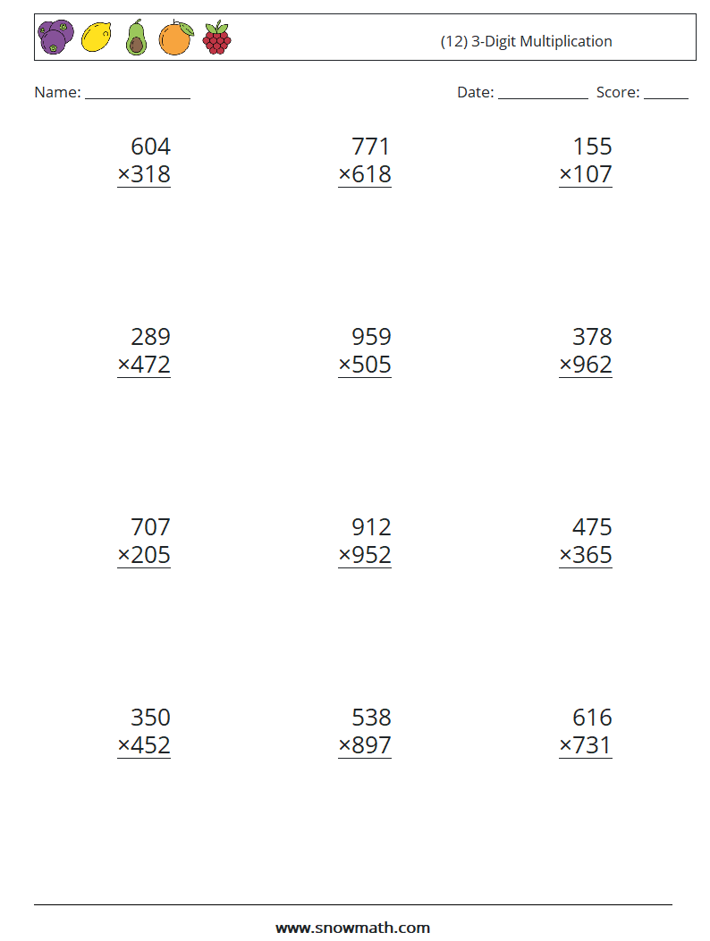 (12) 3-Digit Multiplication Maths Worksheets 17