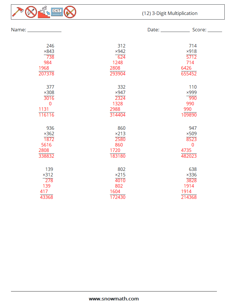 (12) 3-Digit Multiplication Math Worksheets 18 Question, Answer