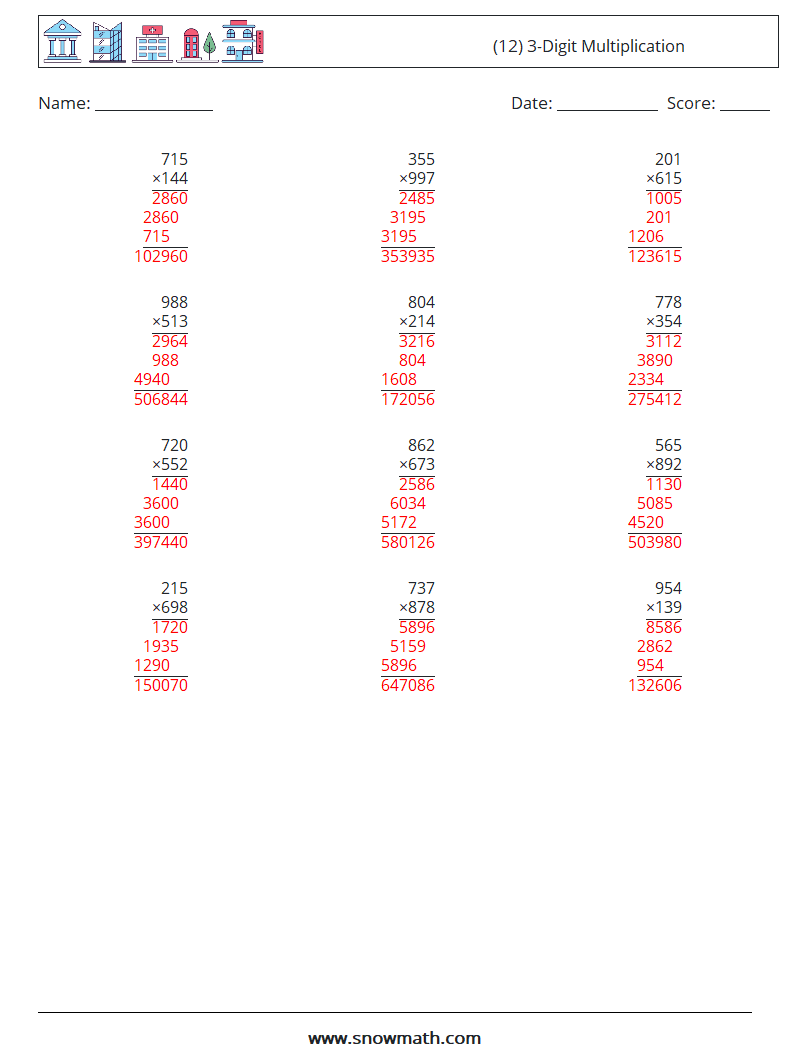 (12) 3-Digit Multiplication Math Worksheets 1 Question, Answer