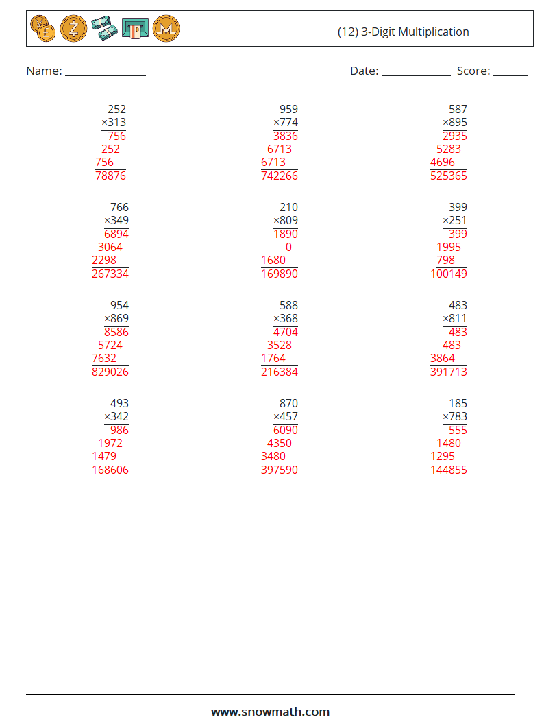 (12) 3-Digit Multiplication Math Worksheets 2 Question, Answer