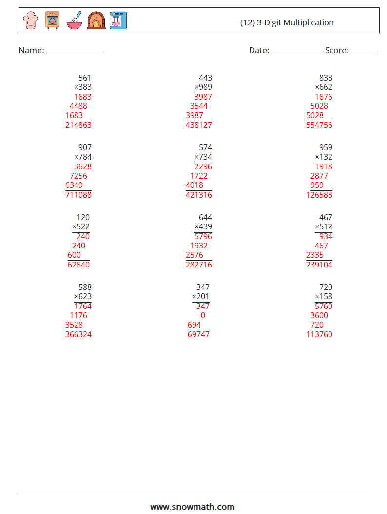 (12) 3-Digit Multiplication Math Worksheets 3 Question, Answer