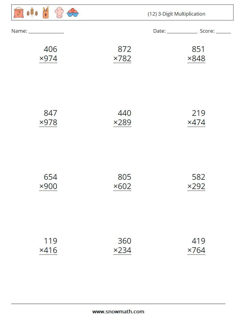 (12) 3-Digit Multiplication Math Worksheets 4