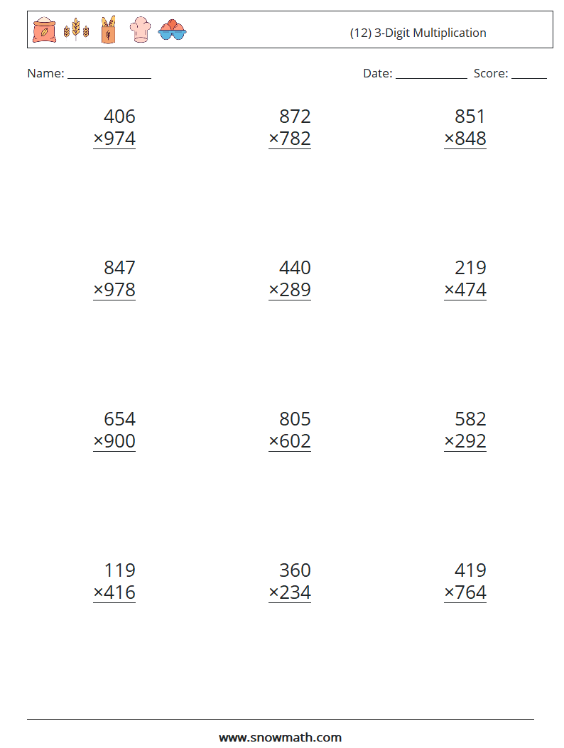 (12) 3-Digit Multiplication Maths Worksheets 4