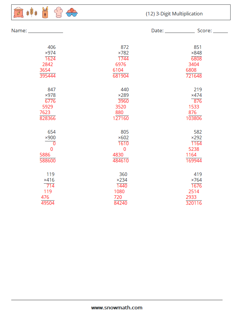 (12) 3-Digit Multiplication Math Worksheets 4 Question, Answer