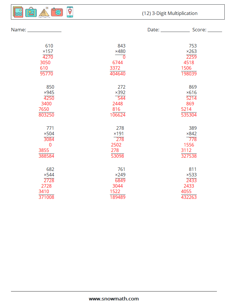 (12) 3-Digit Multiplication Math Worksheets 5 Question, Answer