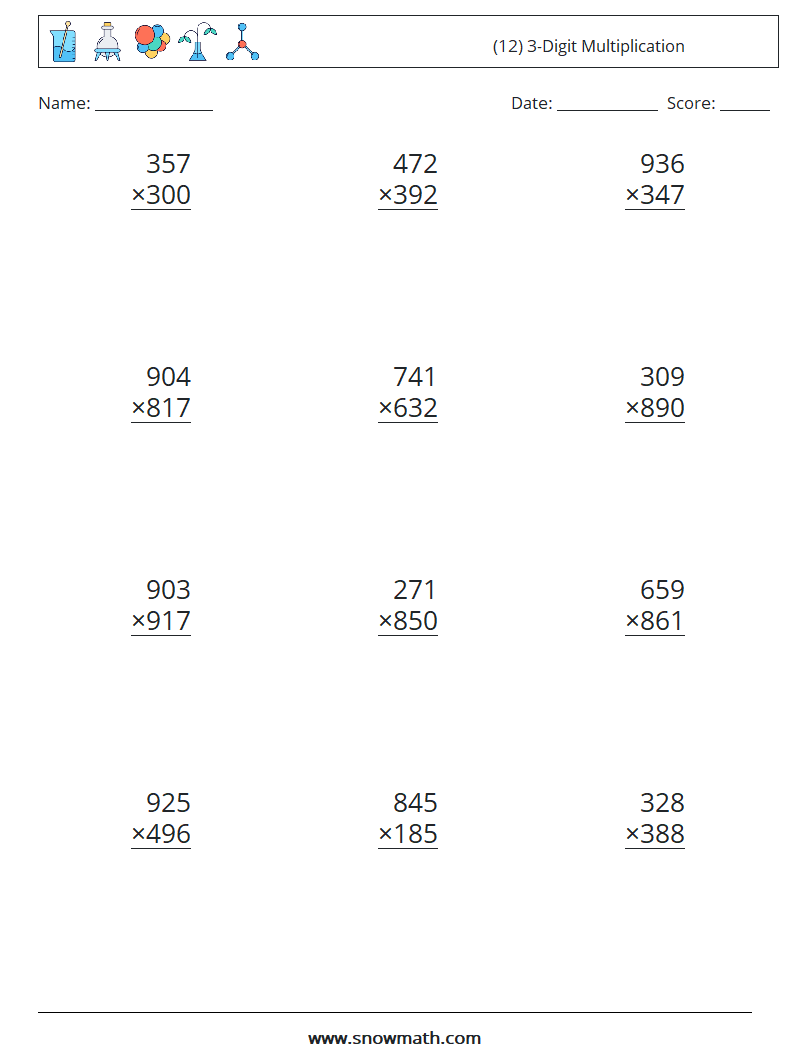 (12) 3-Digit Multiplication Math Worksheets 6