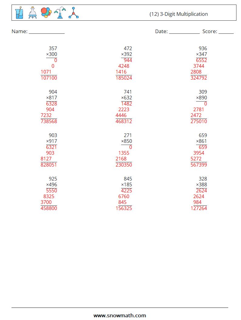 (12) 3-Digit Multiplication Math Worksheets 6 Question, Answer