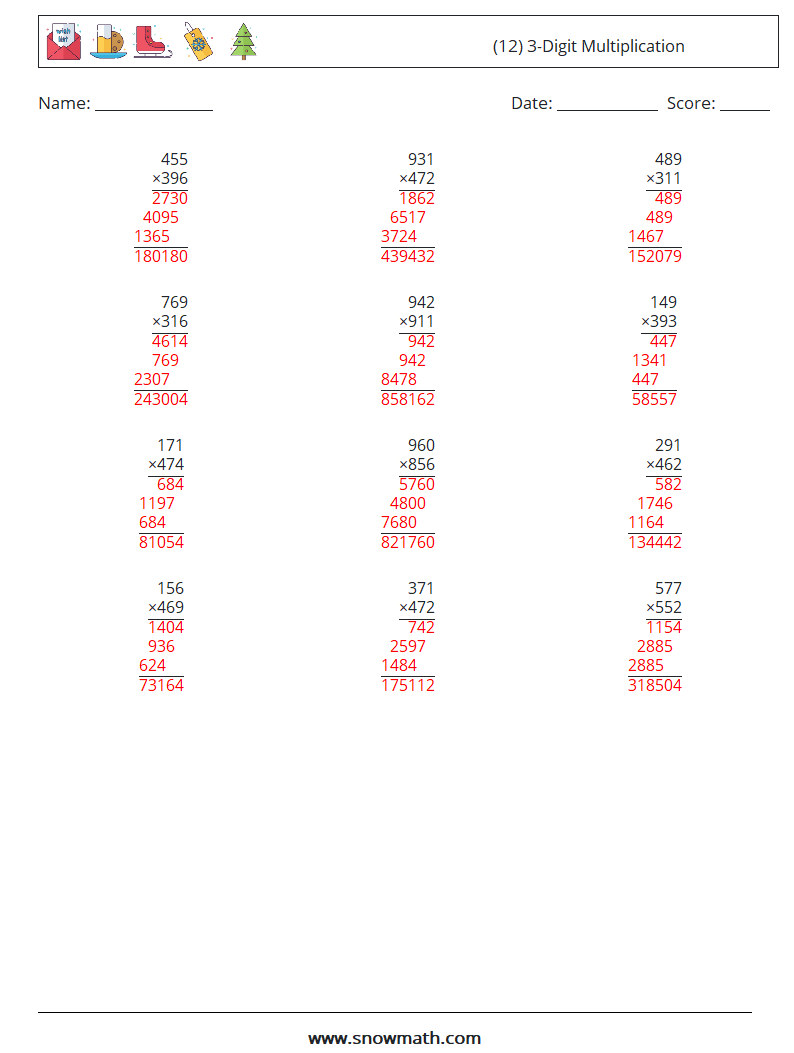 (12) 3-Digit Multiplication Math Worksheets 7 Question, Answer