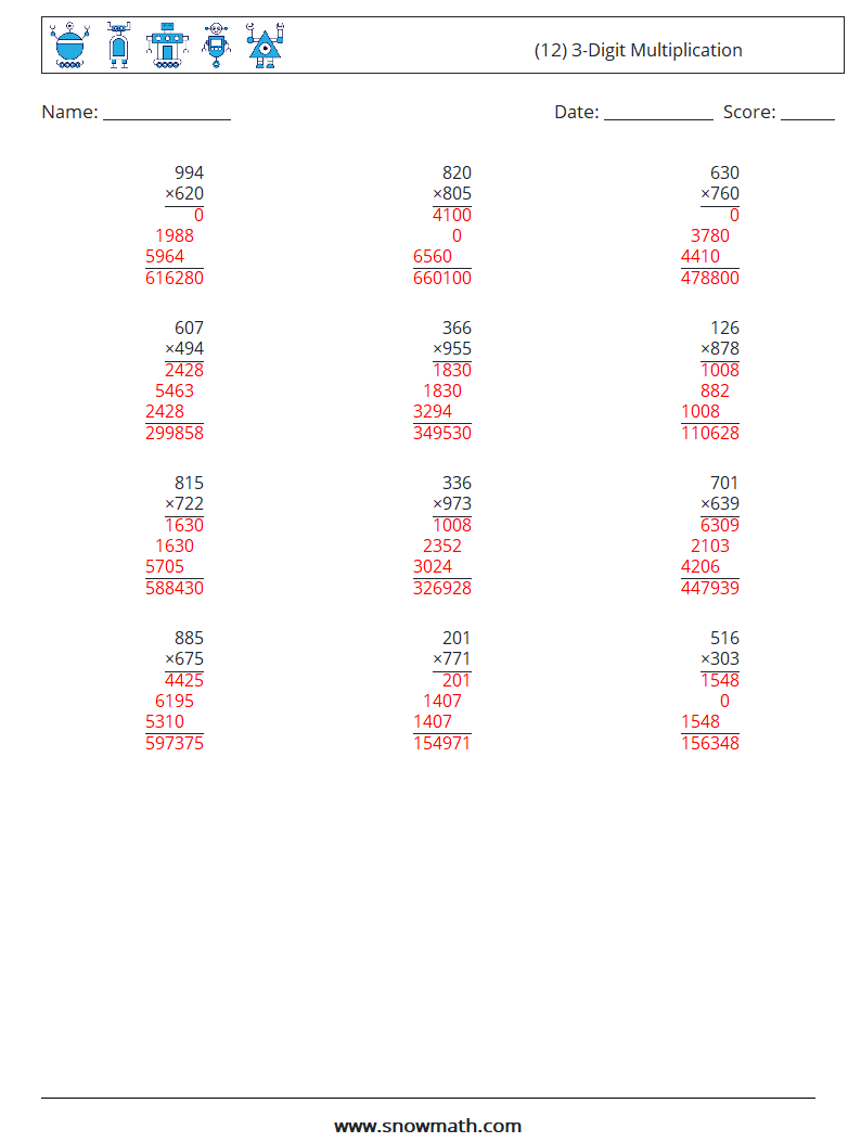 (12) 3-Digit Multiplication Math Worksheets 8 Question, Answer