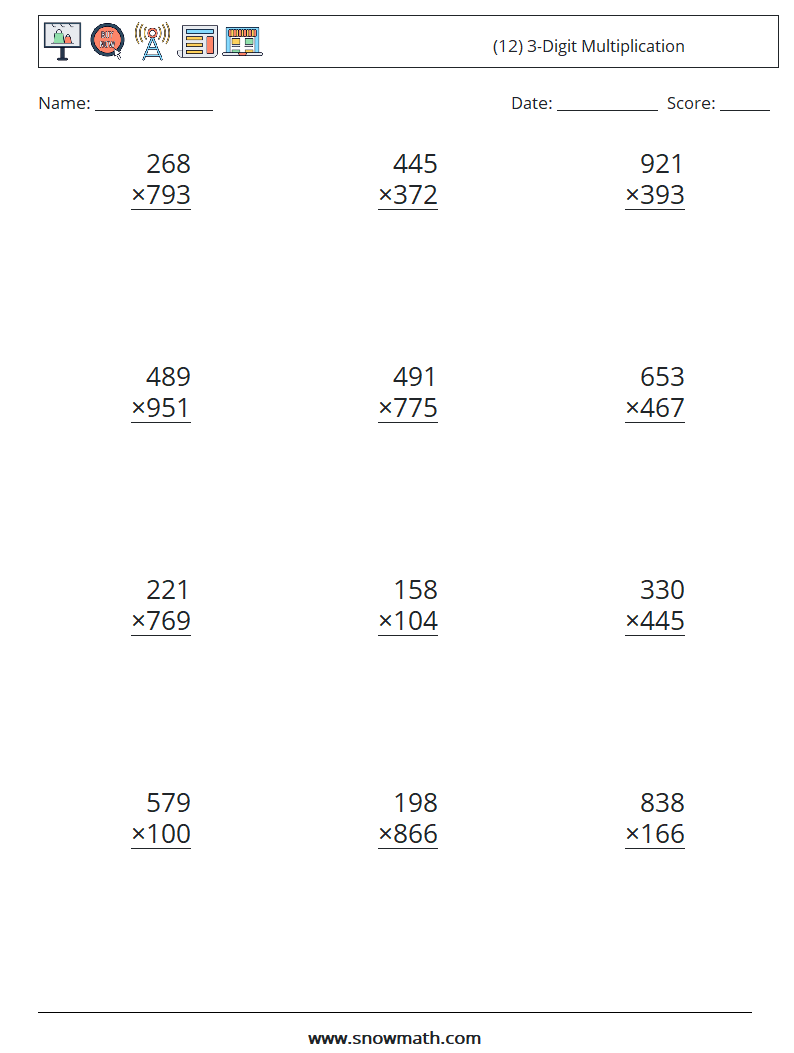 (12) 3-Digit Multiplication Math Worksheets 9