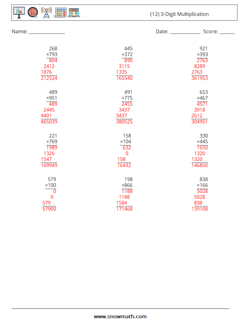 (12) 3-Digit Multiplication Math Worksheets 9 Question, Answer