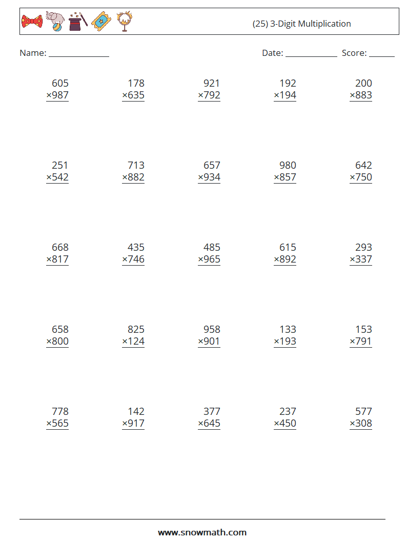 (25) 3-Digit Multiplication Maths Worksheets 1