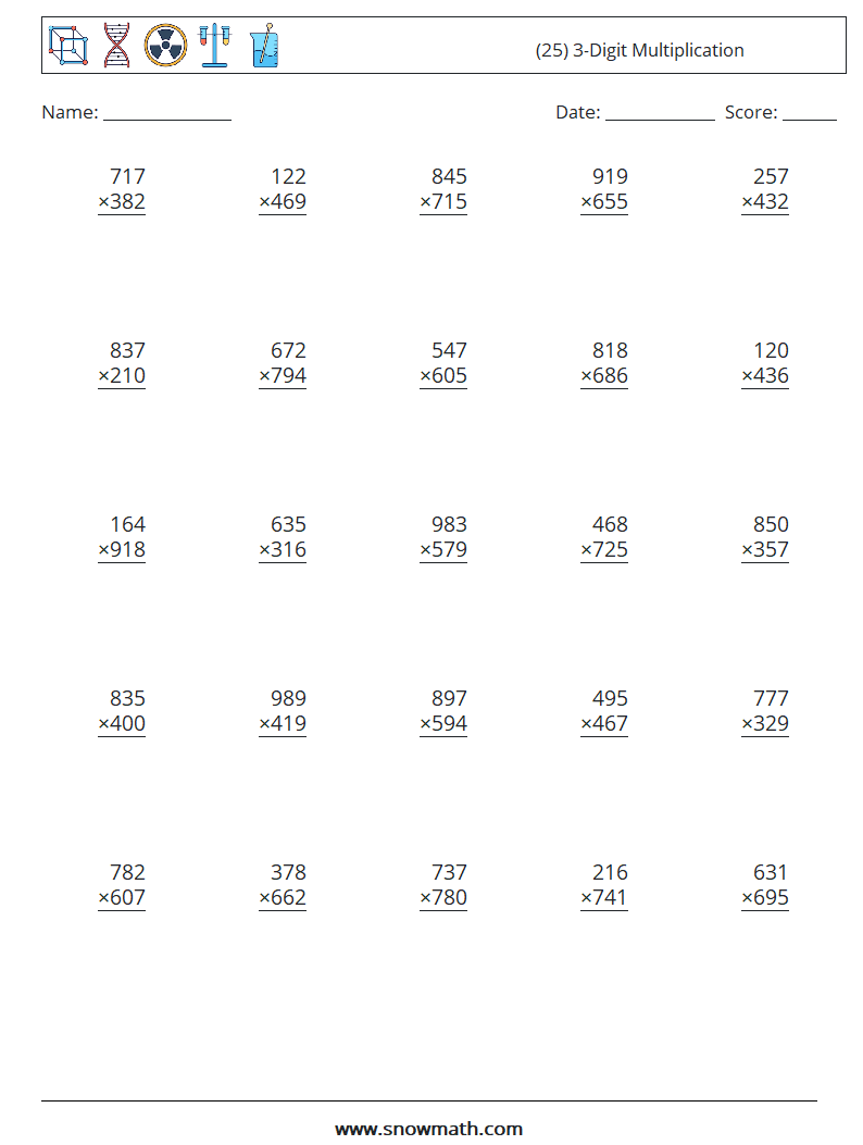 (25) 3-Digit Multiplication Math Worksheets 10