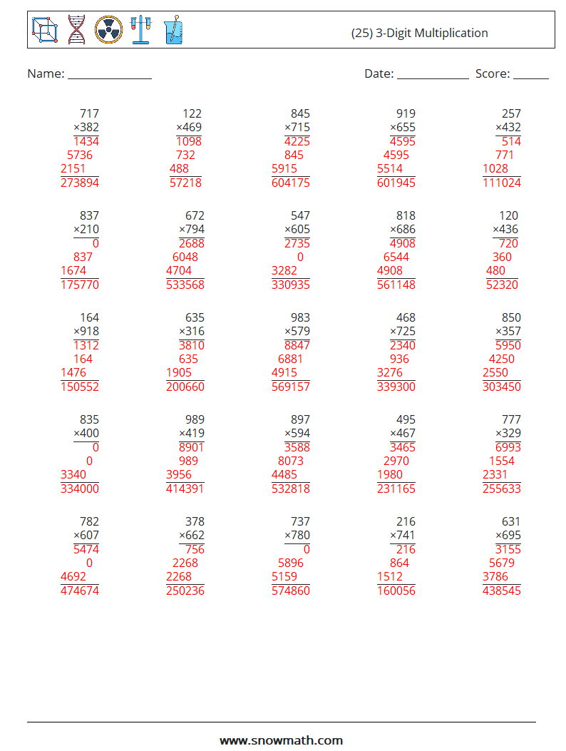 (25) 3-Digit Multiplication Math Worksheets 10 Question, Answer