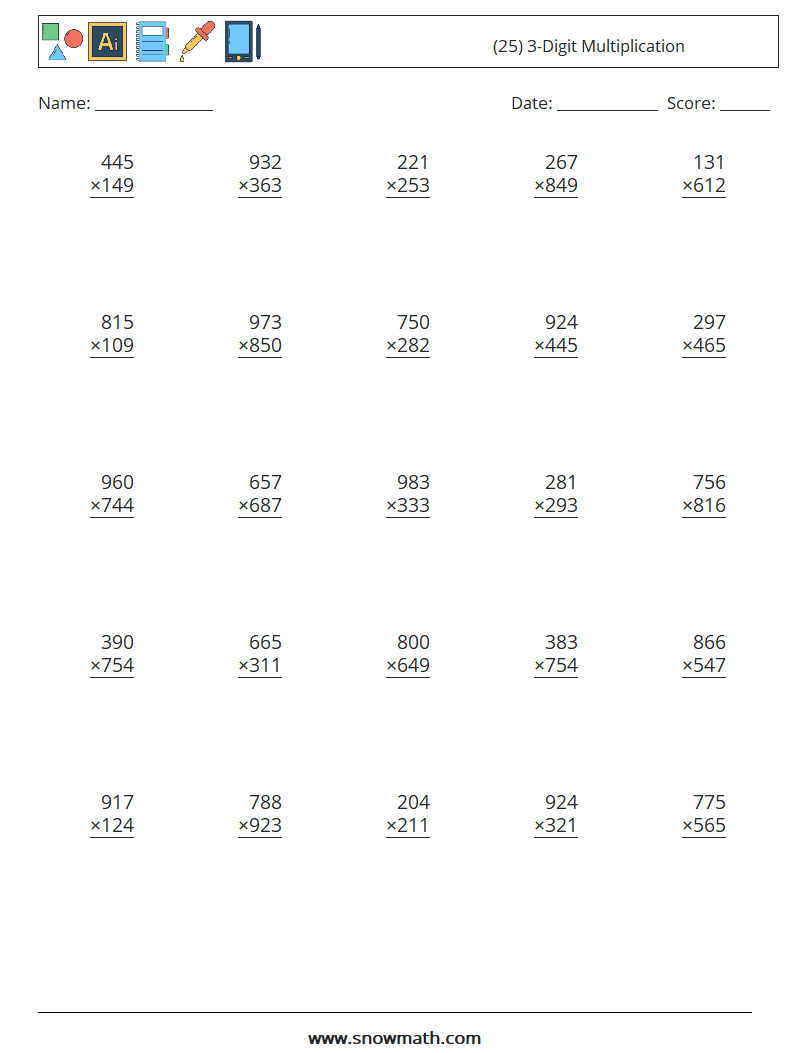 (25) 3-Digit Multiplication Math Worksheets 11