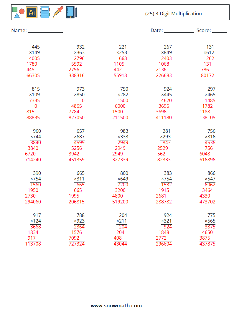 (25) 3-Digit Multiplication Math Worksheets 11 Question, Answer