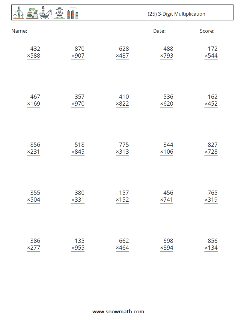 (25) 3-Digit Multiplication Math Worksheets 12